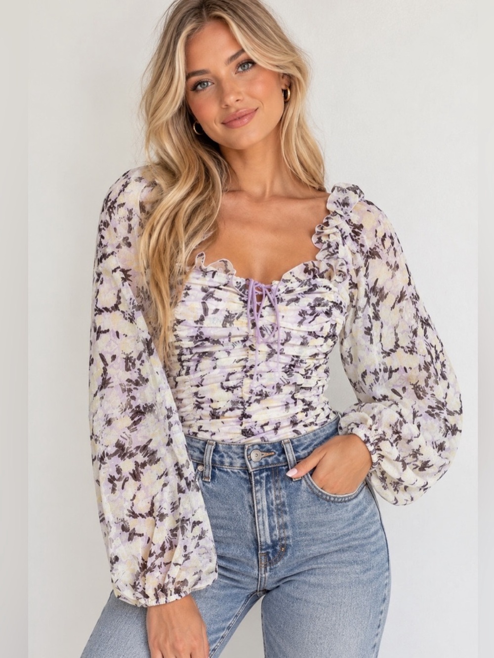 Free People | Mabel Floral Blouse Top Smocked Long Puff Sleeves Purple XS